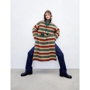 Zara Jacquard Wool Blend Multicolored Hooded Long Side Slits Poncho S-M EUC